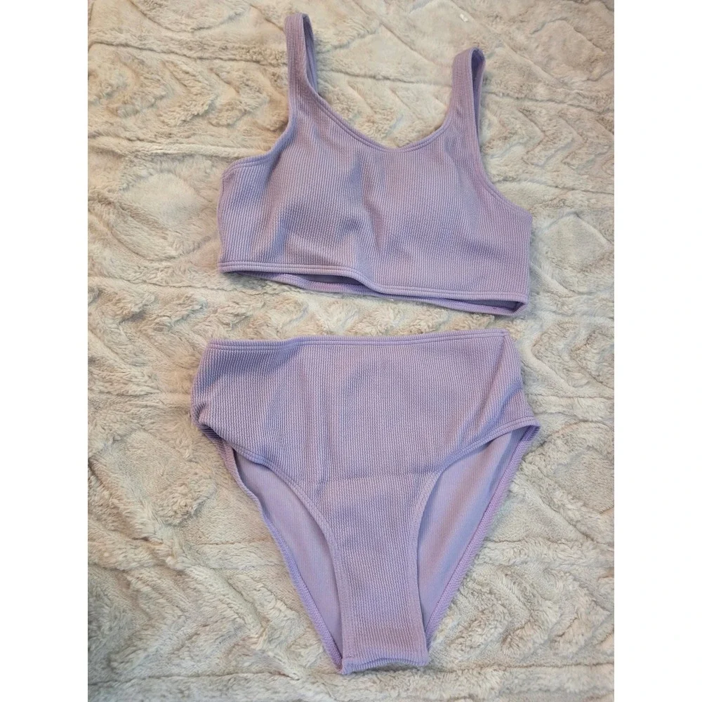 Lavender Purple Ribbed High Waisted Two Piece Bikini Set Girls Size 13-14Y